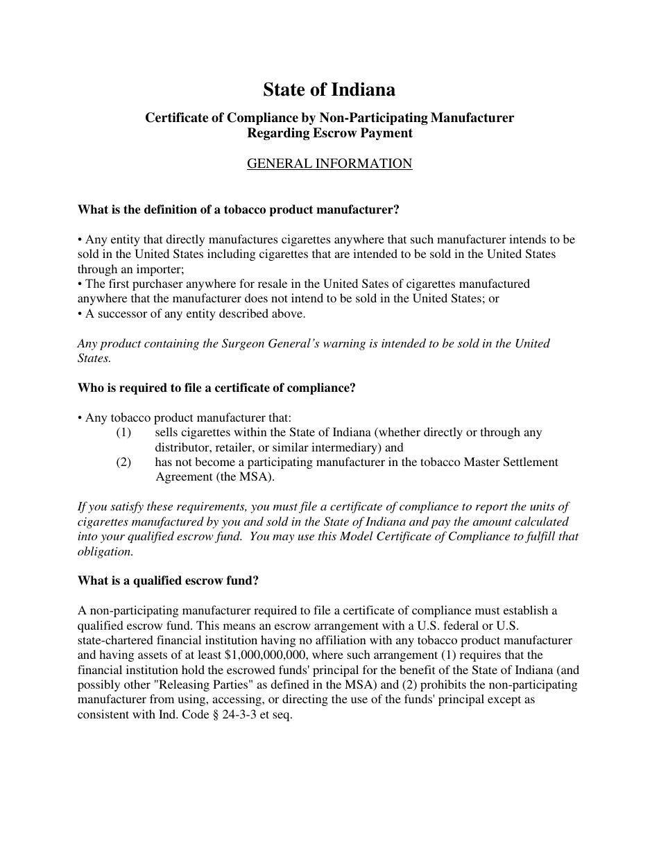Certificate of Compliance by Non-participating Manufacturer Regarding Quarterly Escrow Payment - Indiana, Page 1