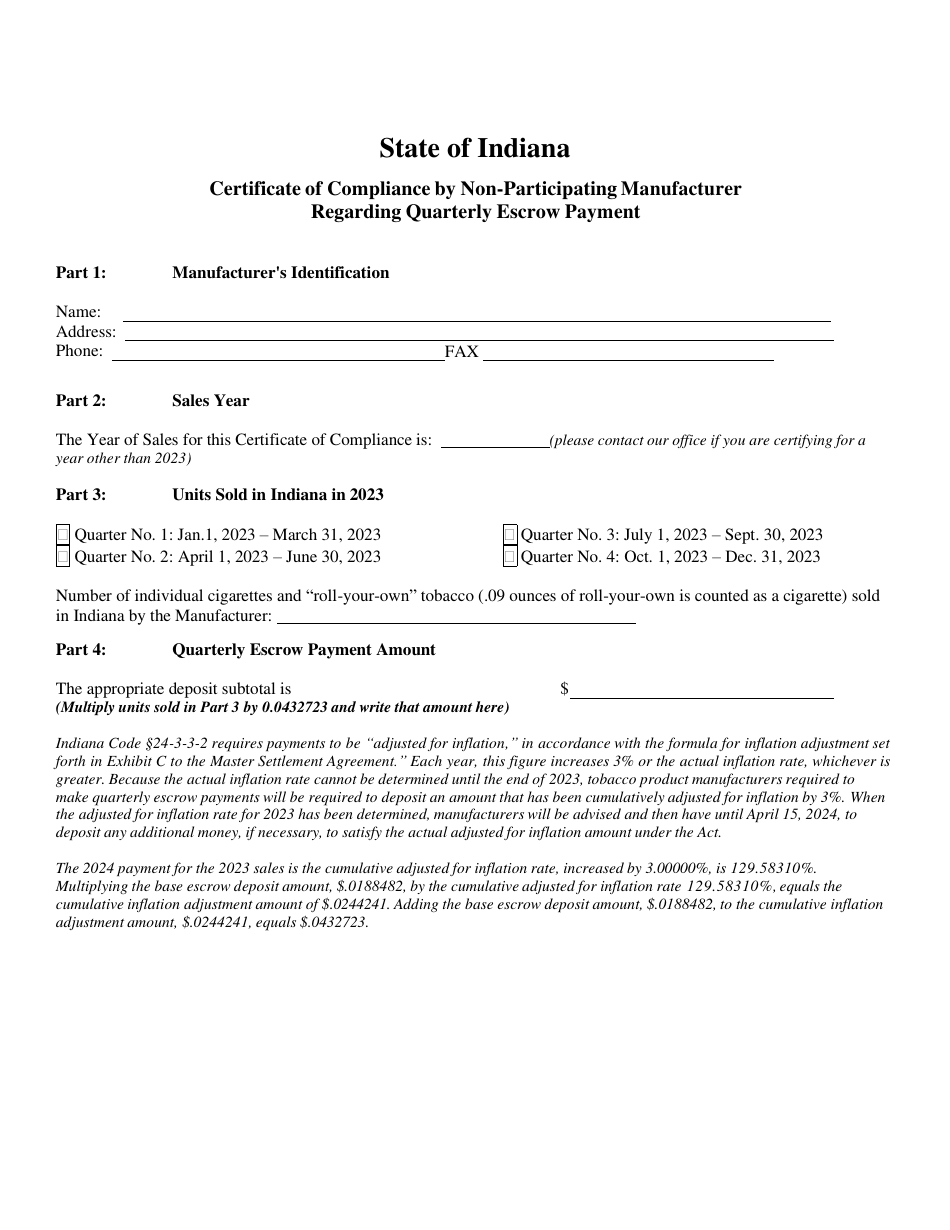 2023 Indiana Certificate Of Compliance By Non Participating Manufacturer Regarding Quarterly 1476