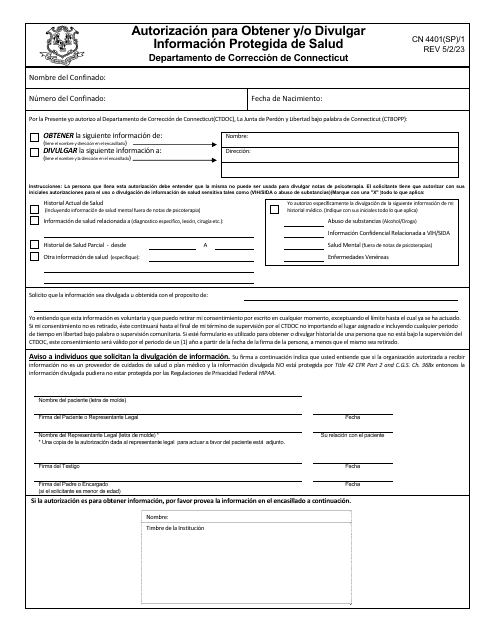 Formulario CN4401(SP) Autorizacion Para Obtener Y/O Divulgar Informacion Protegida De Salud - Connecticut (Spanish)
