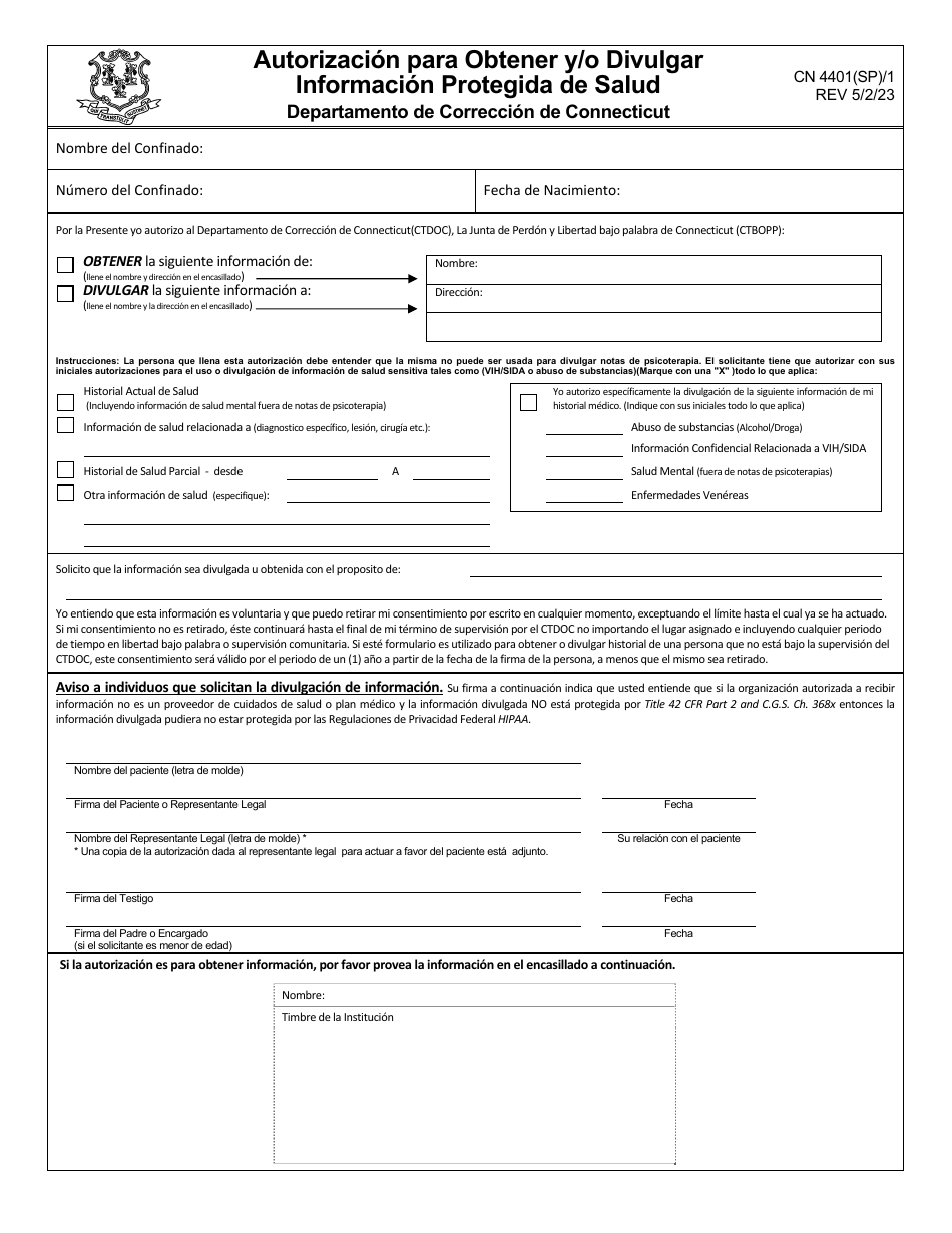 Formulario CN4401(SP) Autorizacion Para Obtener Y / O Divulgar Informacion Protegida De Salud - Connecticut (Spanish), Page 1