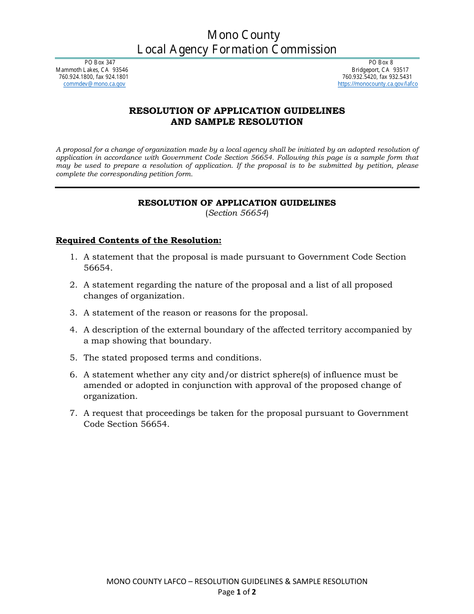Resolution for Change of Organization / Reorganization Guidelines  Sample - Mono County, California, Page 1