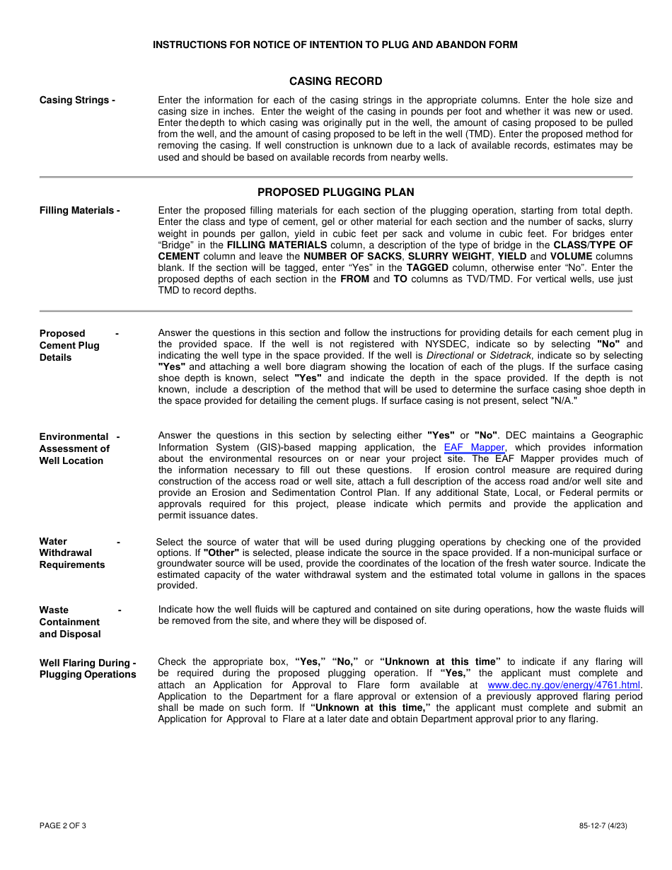 Instructions for Form 85-12-4-27B Notice of Intention to Plug and Abandon Form - New York, Page 2