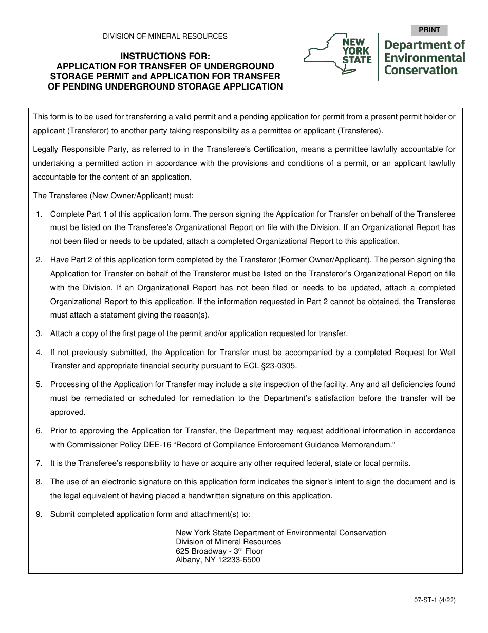 Instructions for Form 07-ST-1 Application for Transfer of Underground Storage Permit and Application for Transfer of Pending Underground Storage Application - New York, Page 1