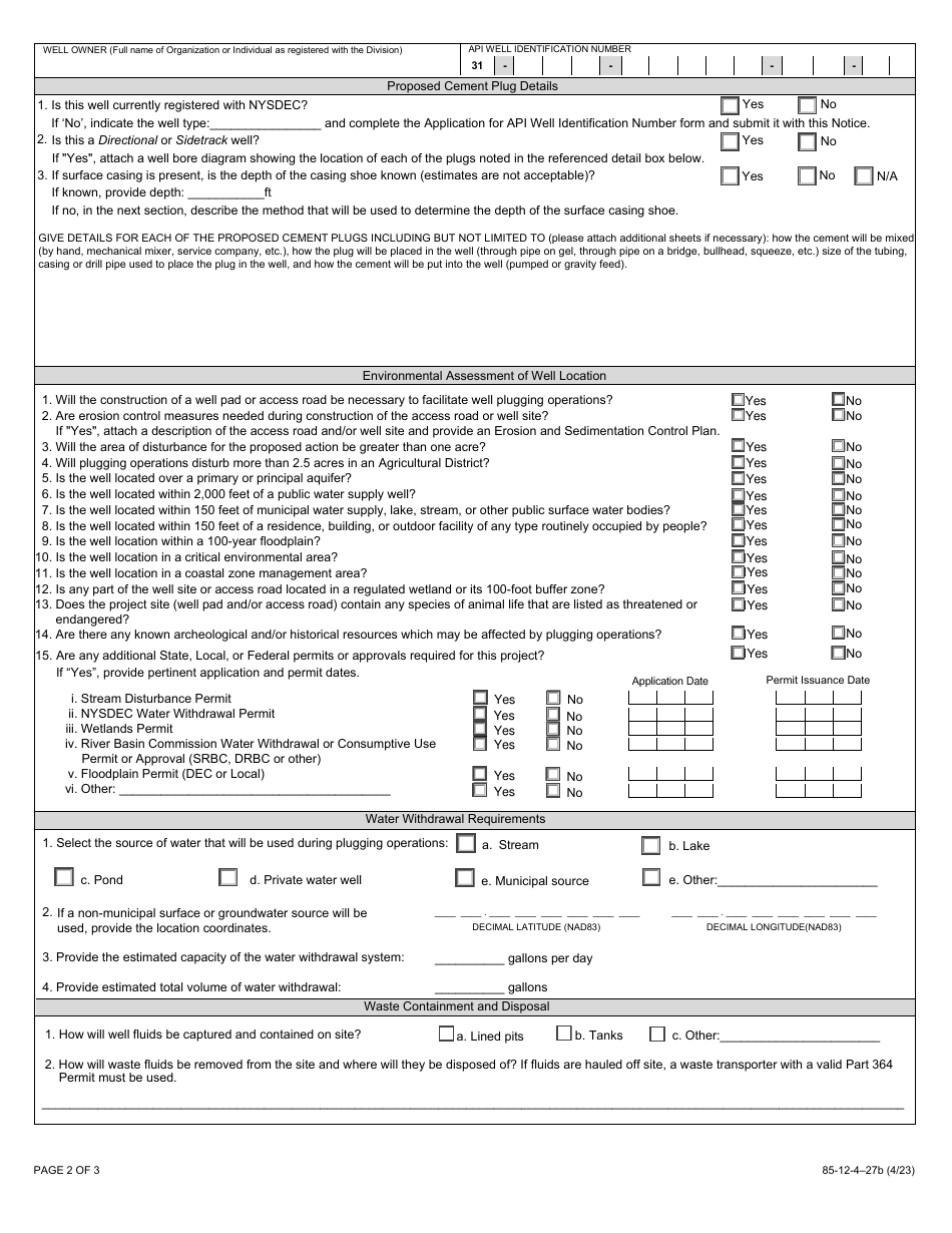 Form 85-12-4-27B Notice of Intention to Plug and Abandon - New York, Page 2