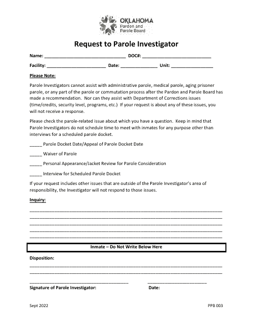 Form PPB003 Request to Parole Investigator - Oklahoma