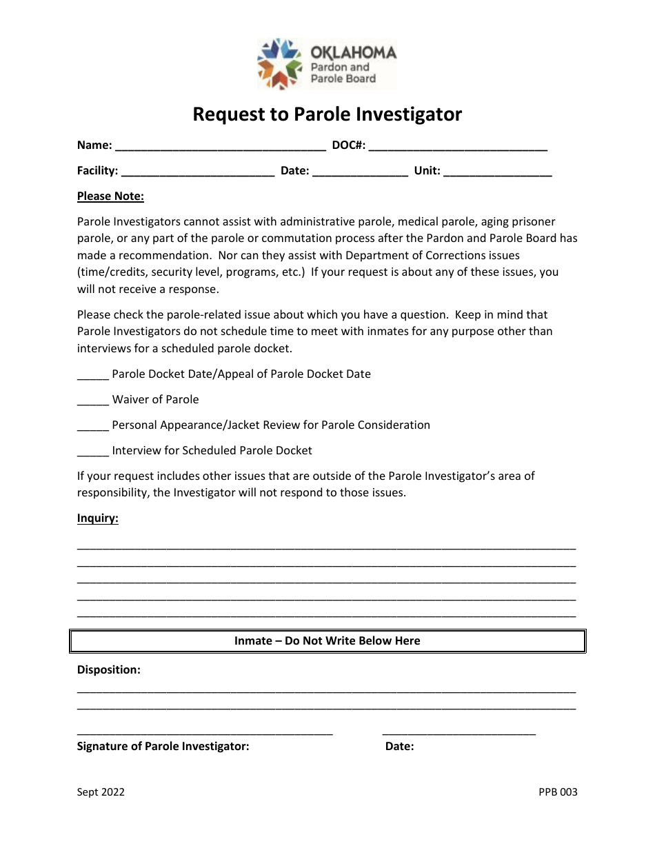 Form PPB003 Request to Parole Investigator - Oklahoma, Page 1