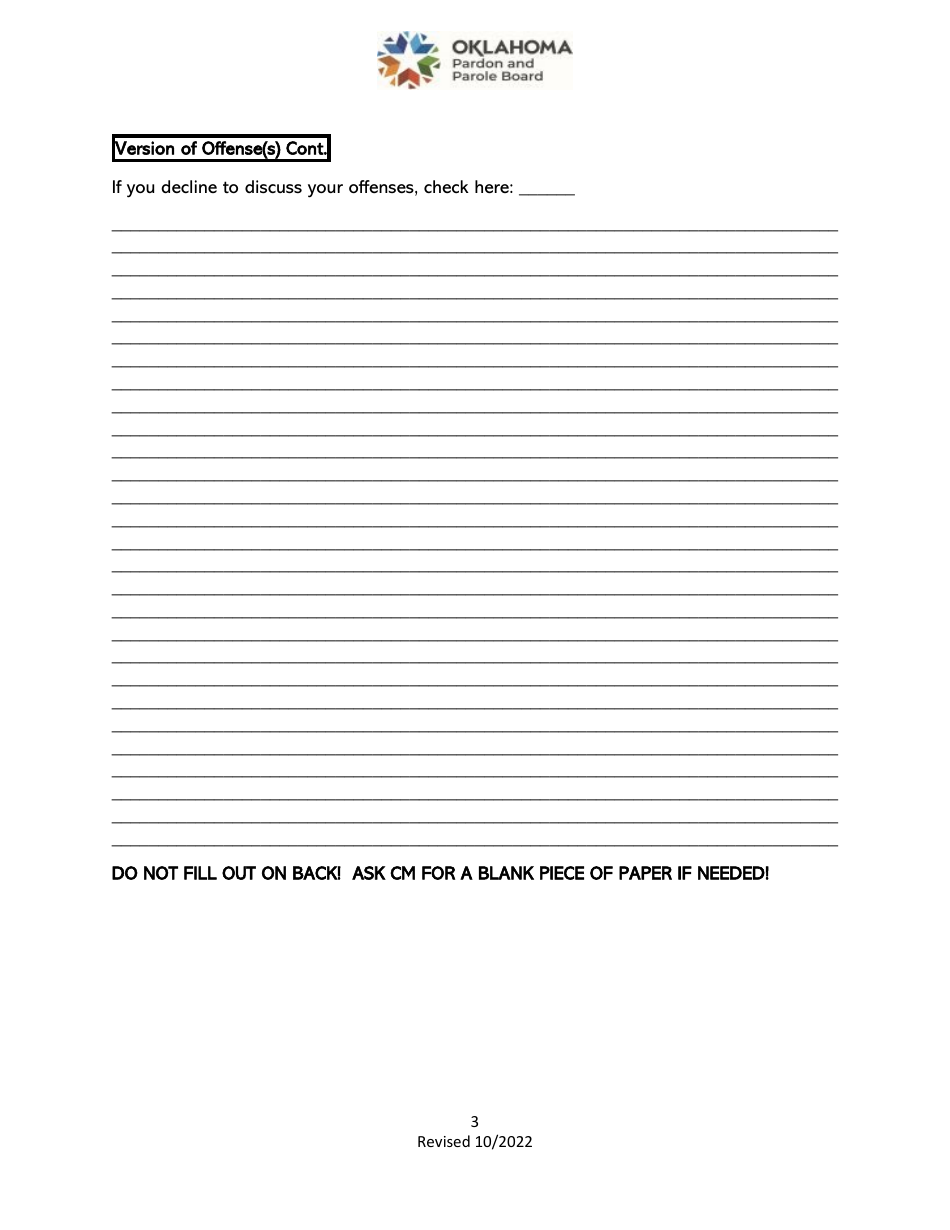 Parole Interview Questionnaire - Oklahoma, Page 3