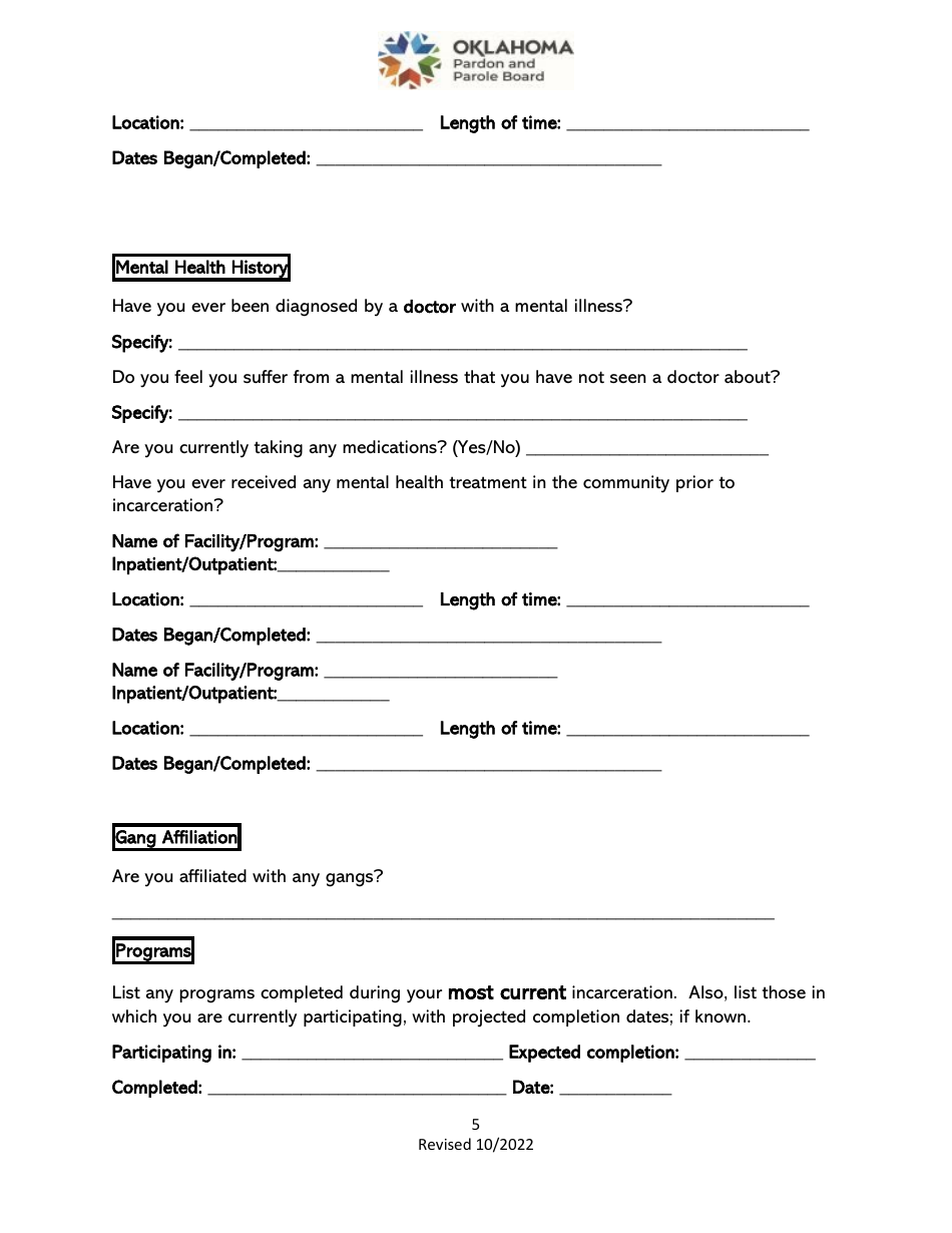 Parole Interview Questionnaire - Oklahoma, Page 5