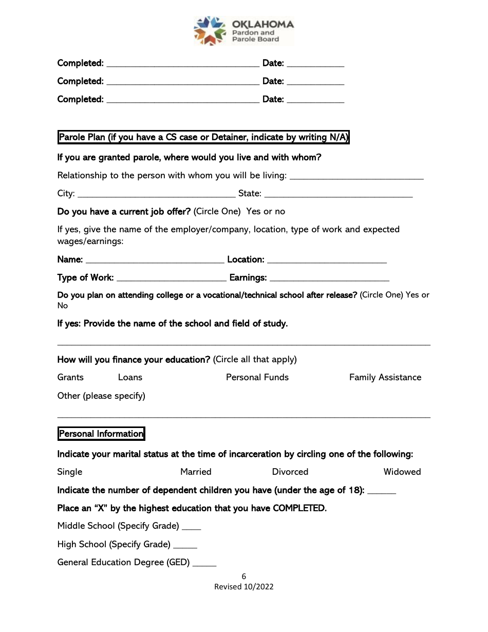 Parole Interview Questionnaire - Oklahoma, Page 6