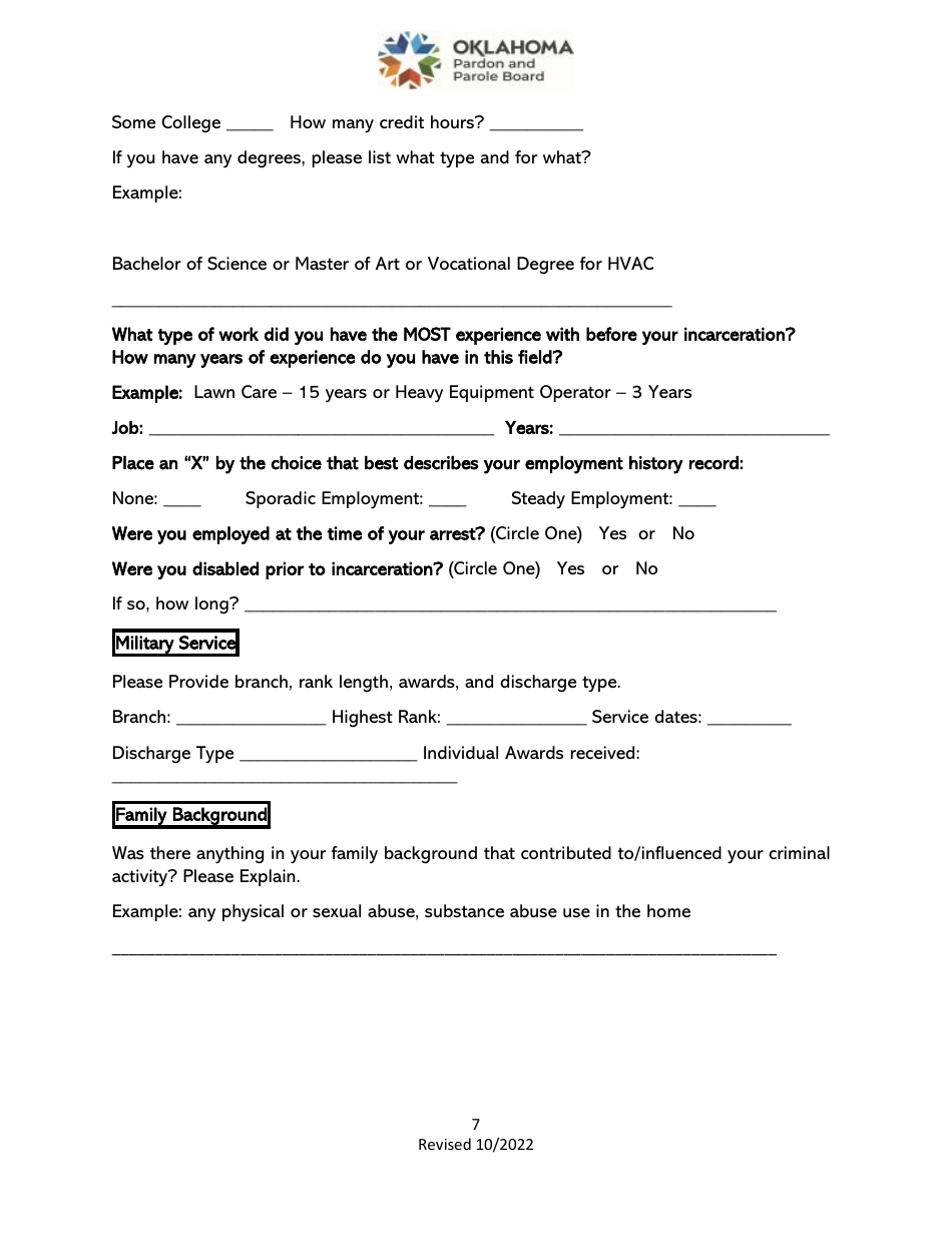 Parole Interview Questionnaire - Oklahoma, Page 7