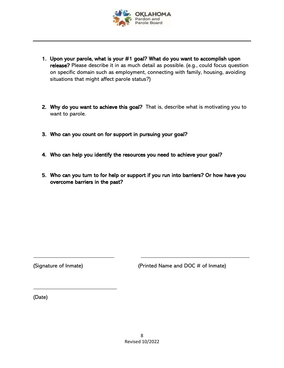 Parole Interview Questionnaire - Oklahoma, Page 8