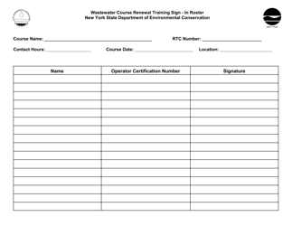 Document preview: Wastewater Course Renewal Training Sign-In Roster - New York
