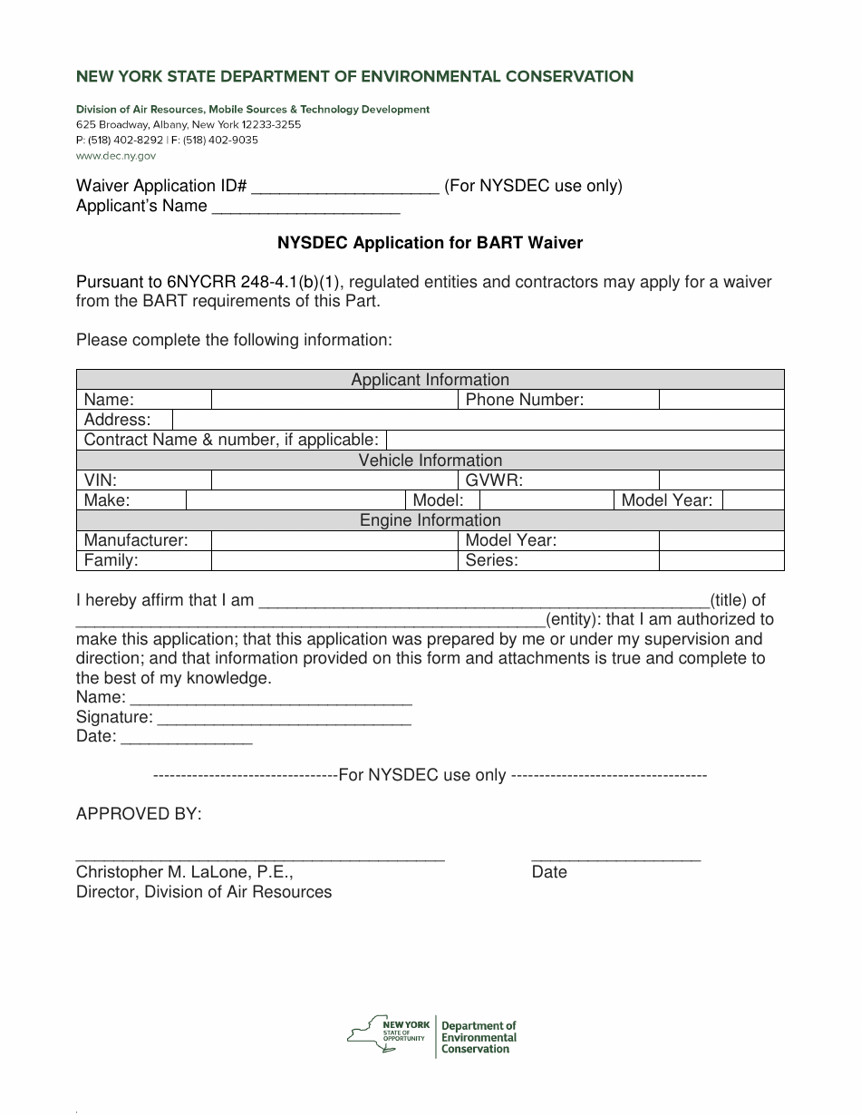 Nysdec Application for Bart Waiver - New York, Page 1