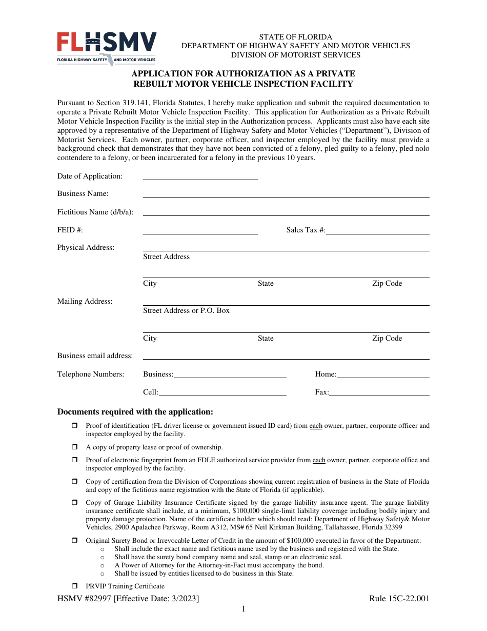 Form HSMV82997 Application for Authorization as a Private Rebuilt Motor Vehicle Inspection Facility - Florida, Page 1