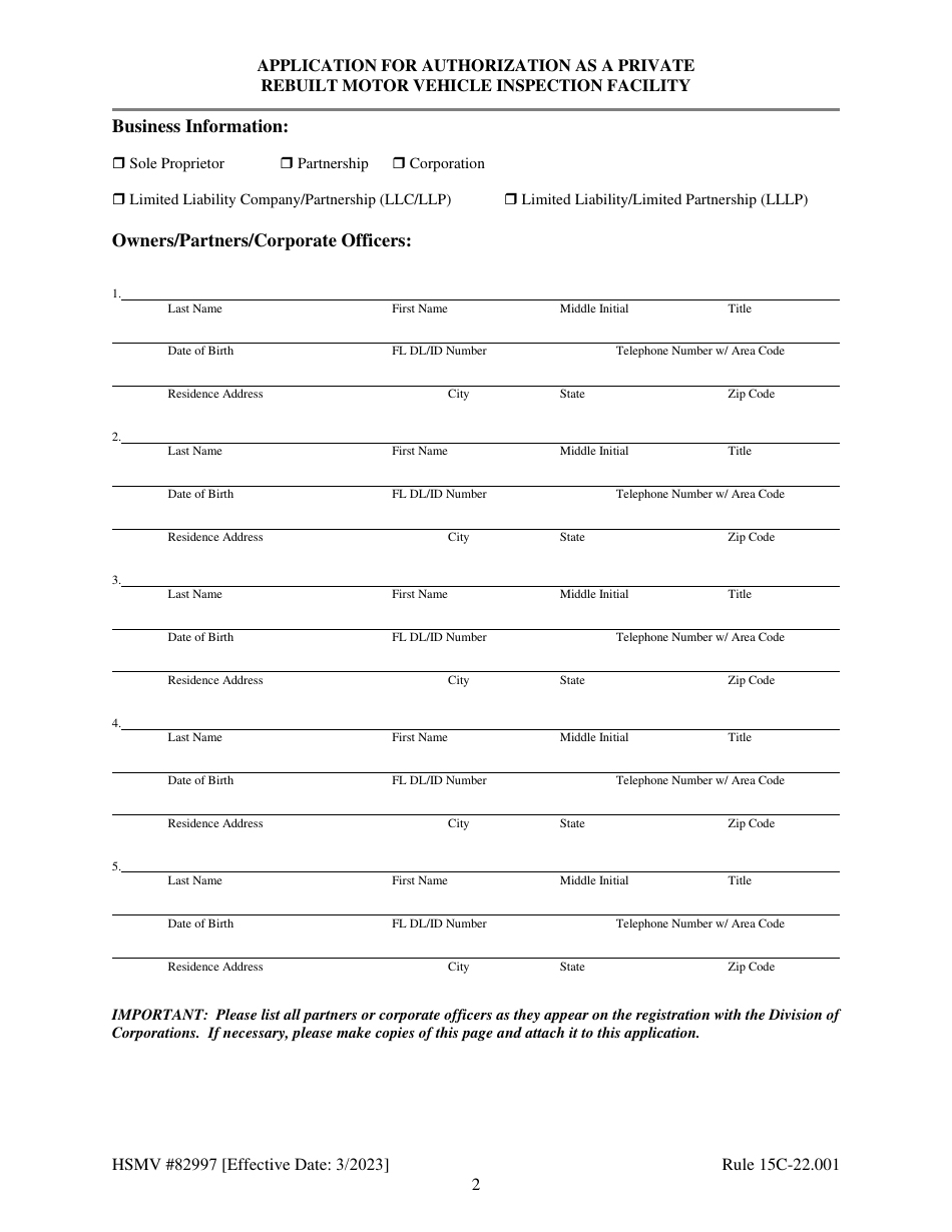 Form HSMV82997 Application for Authorization as a Private Rebuilt Motor Vehicle Inspection Facility - Florida, Page 2