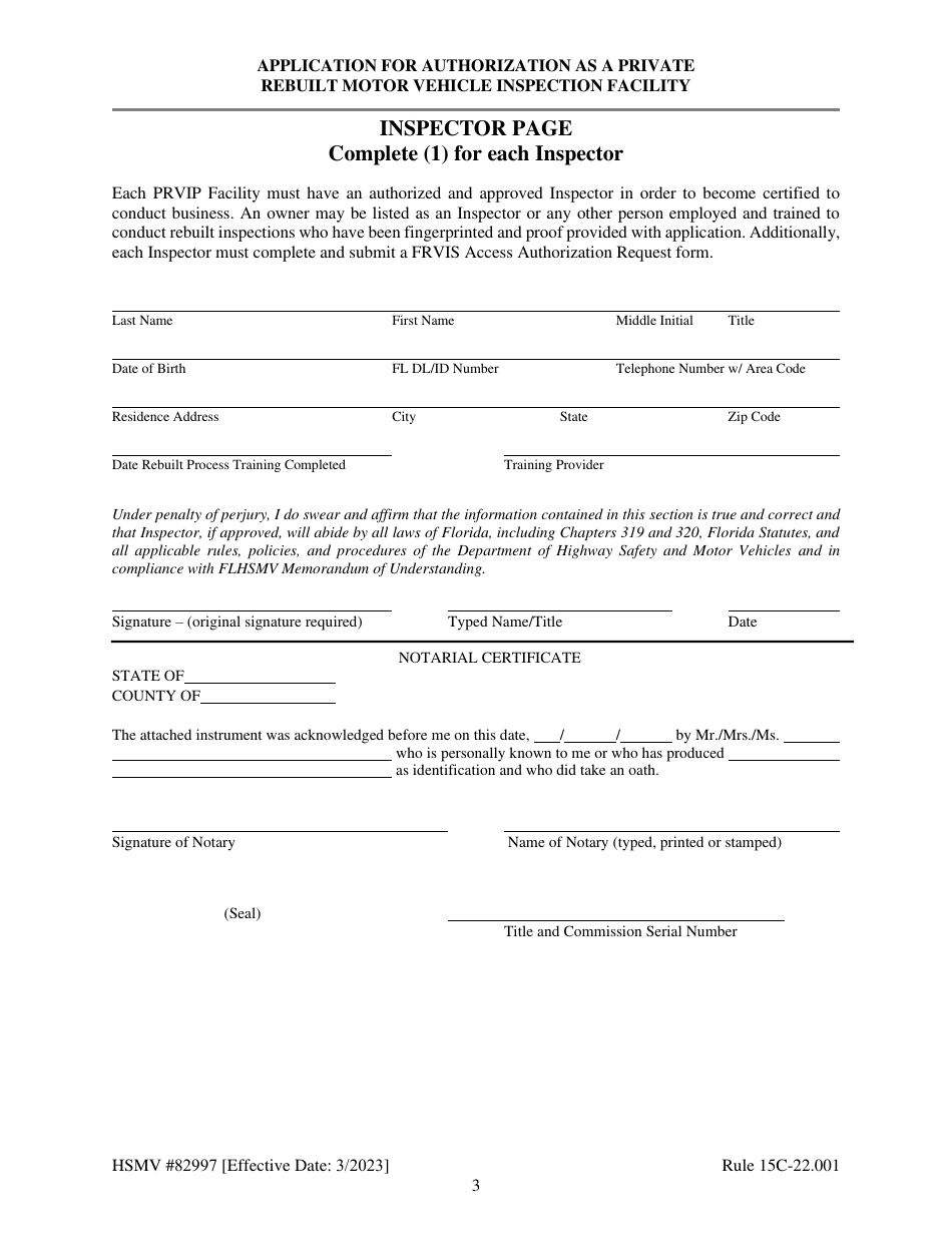 Form HSMV82997 Application for Authorization as a Private Rebuilt Motor Vehicle Inspection Facility - Florida, Page 3