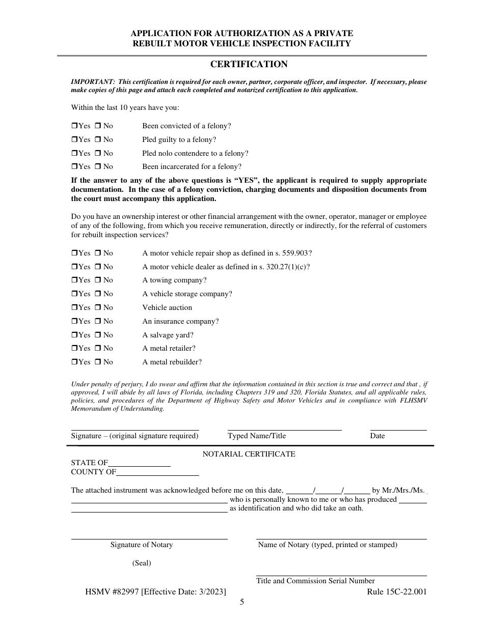 Form HSMV82997 Application for Authorization as a Private Rebuilt Motor Vehicle Inspection Facility - Florida, Page 5