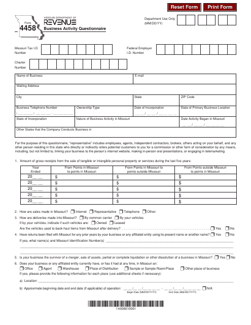 Form 4458 Business Activity Questionnaire - Missouri