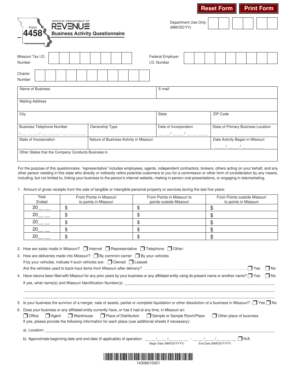 Form 4458 Business Activity Questionnaire - Missouri, Page 1