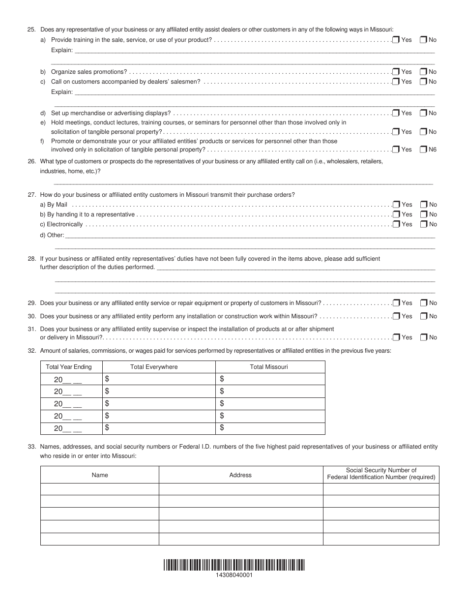 Form 4458 Business Activity Questionnaire - Missouri, Page 4