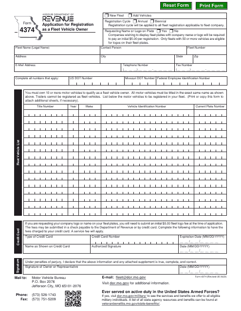 Form 4374 Application for Registration as a Fleet Vehicle Owner - Missouri