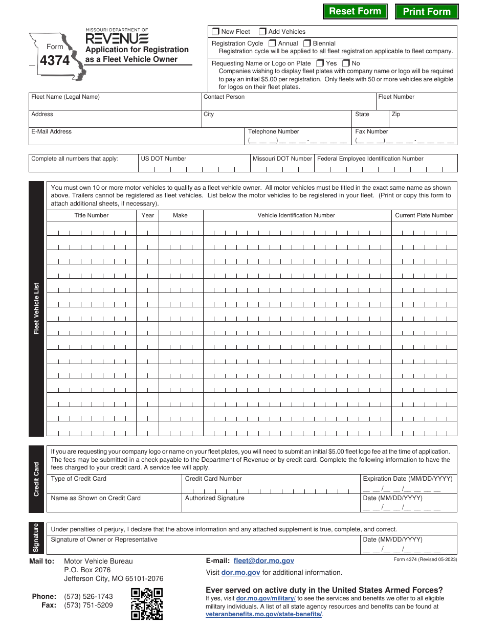 Form 4374 Application for Registration as a Fleet Vehicle Owner - Missouri, Page 1