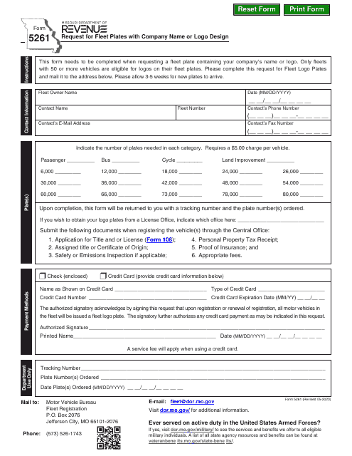 Form 5261 Request for Fleet Plates With Company Name or Logo Design - Missouri