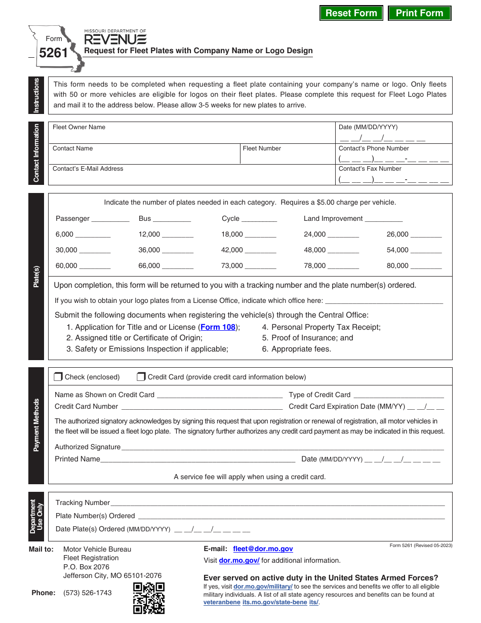 Form 5261 Request for Fleet Plates With Company Name or Logo Design - Missouri, Page 1