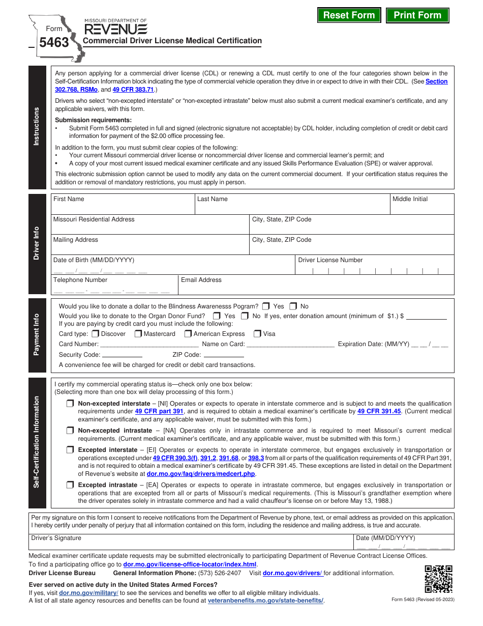 Form 5463 Commercial Driver License Medical Certification - Missouri, Page 1