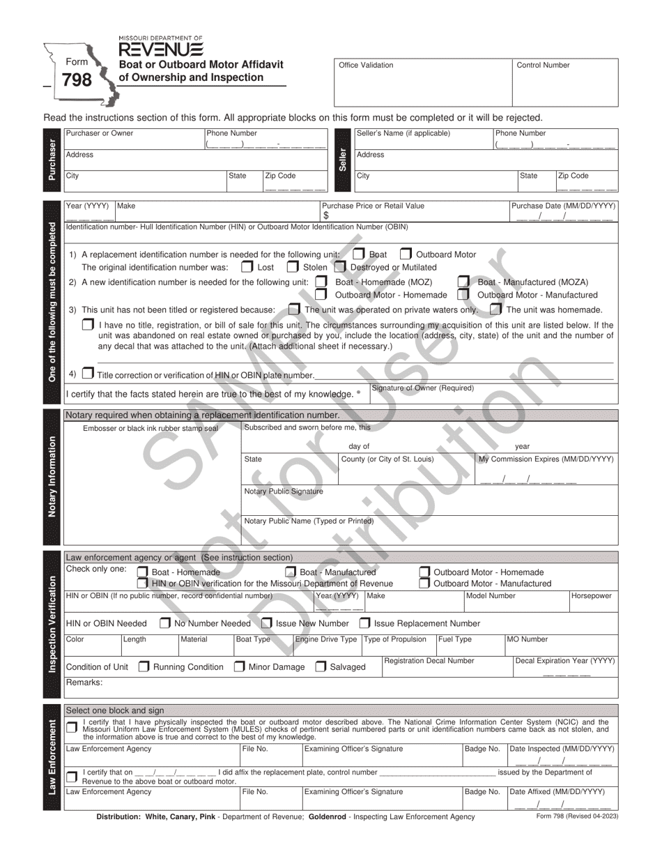 Form 798 Boat or Outboard Motor Affidavit of Ownership and Inspection - Sample - Missouri, Page 1