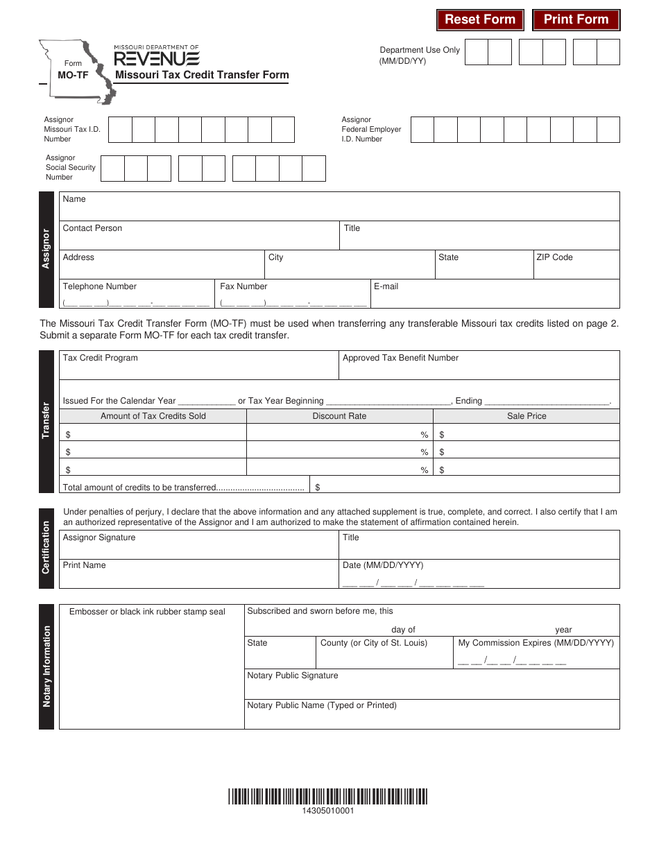Form MO-TF Missouri Tax Credit Transfer Form - Missouri, Page 1
