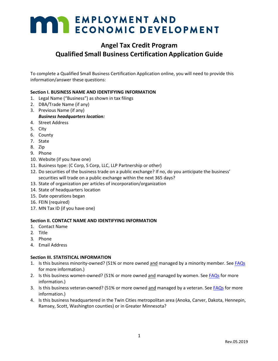 Instructions for Qualified Small Business Certification Application - Angel Tax Credit Program - Minnesota, Page 1