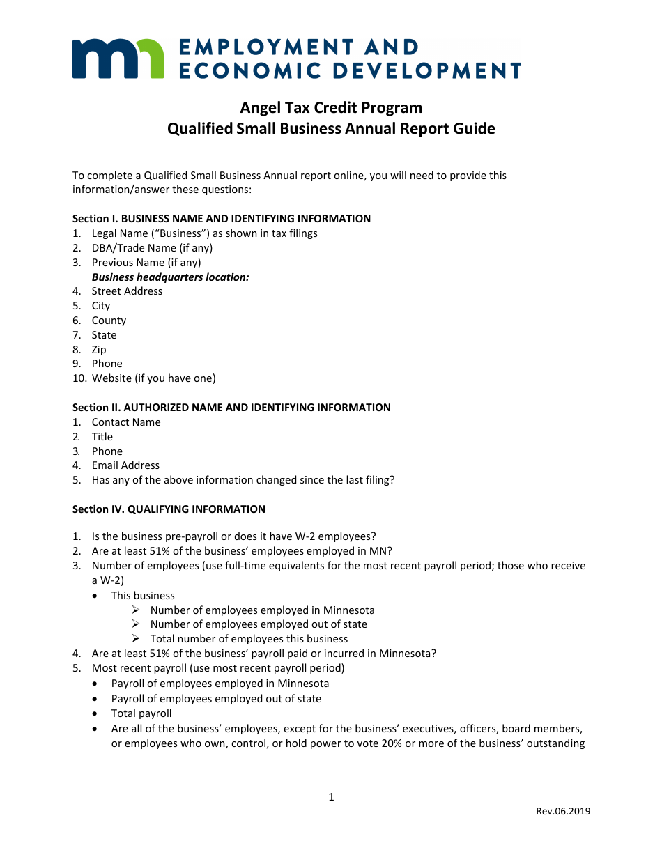 Instructions for Qualified Small Business Annual Report - Angel Tax Credit Program - Minnesota, Page 1