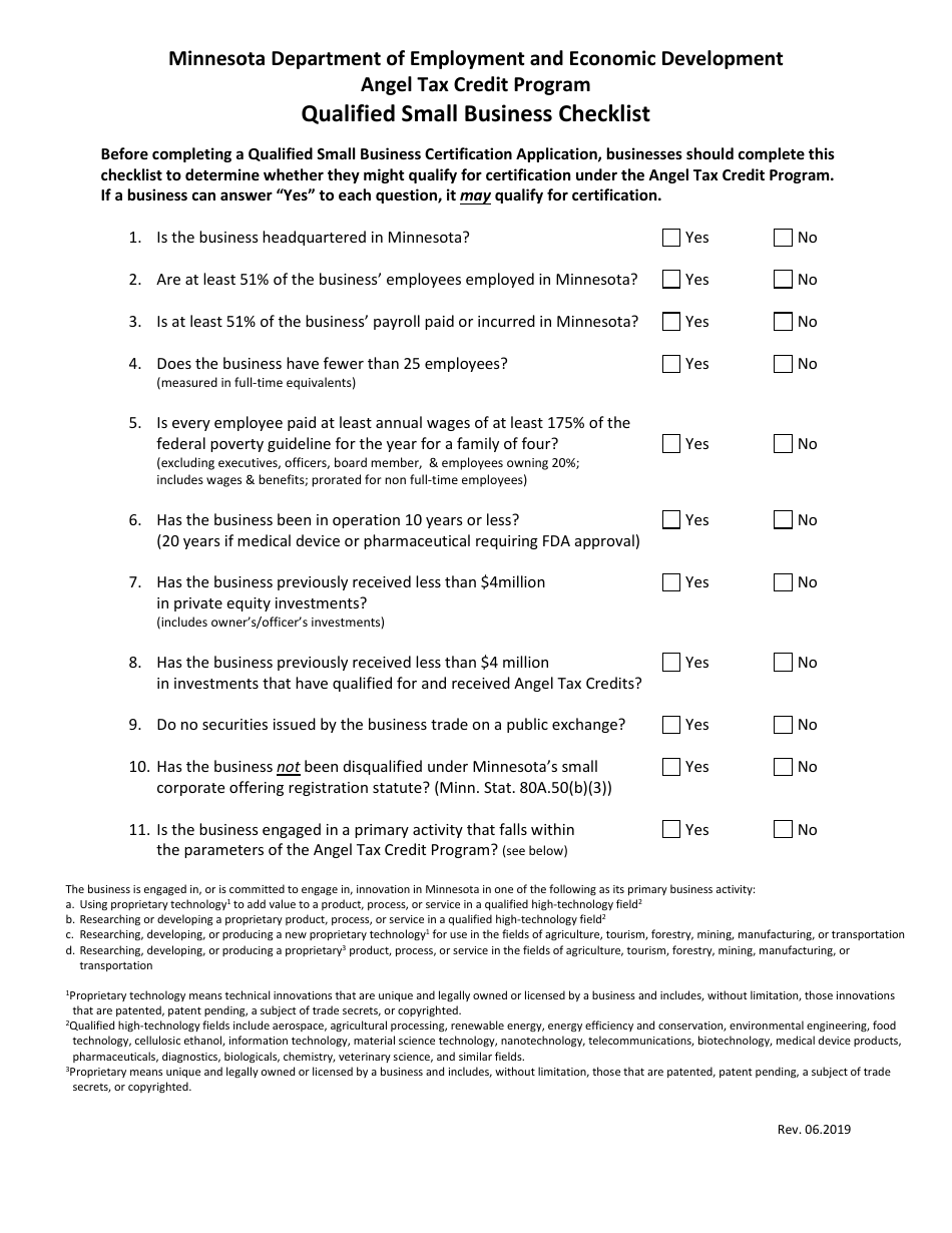 Qualified Small Business Checklist - Angel Tax Credit Program - Minnesota, Page 1