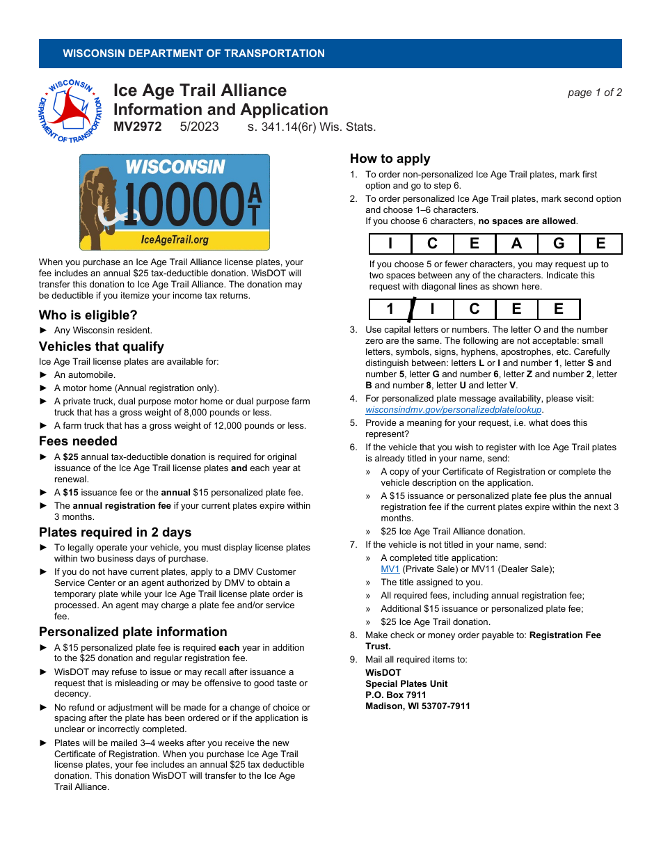 Form MV2972 ICE Age Trail Alliance License Plate Application - Wisconsin, Page 1