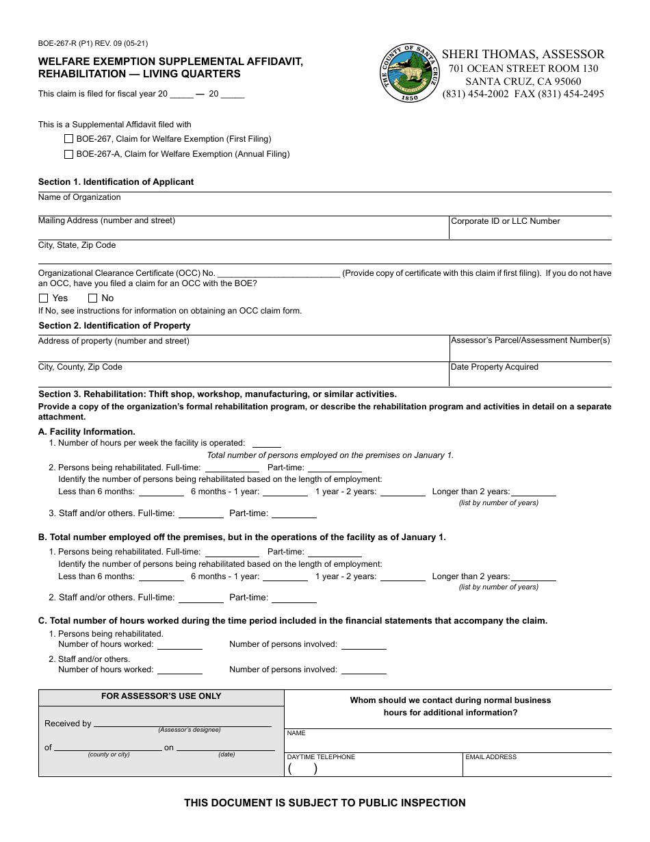 Form BOE-267-R Welfare Exemption Supplemental Affidavit, Rehabilitation - Living Quarters - Santa Cruz County, California, Page 1