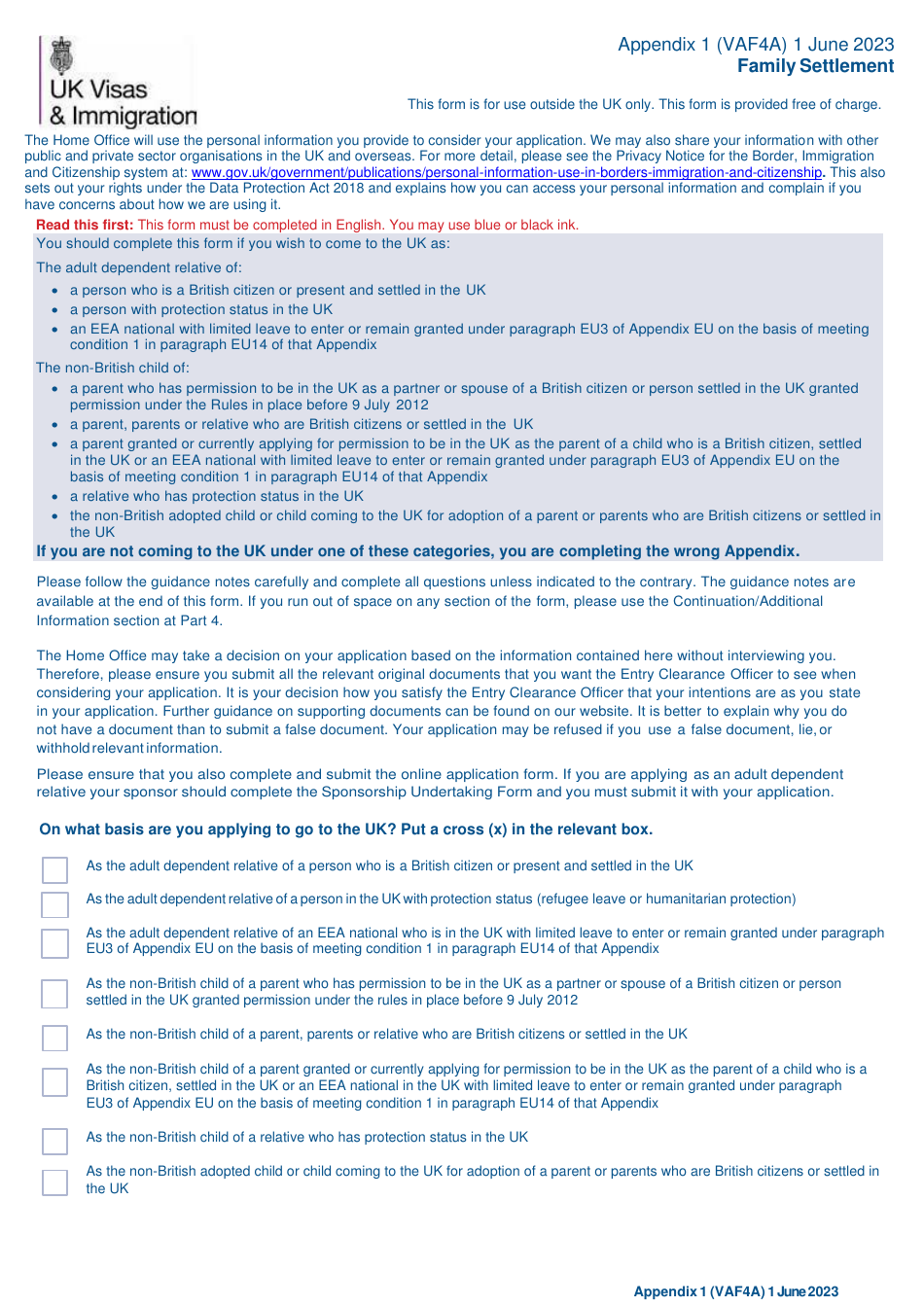 Form VAF4A Appendix 1 Family Settlement Application - United Kingdom, Page 1