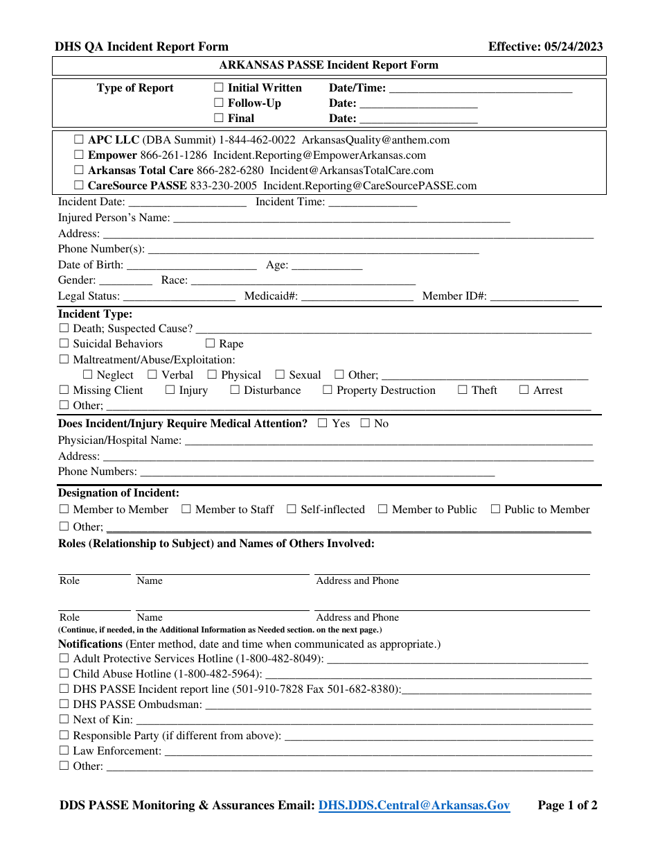 Arkansas Passe Incident Report Form - Arkansas, Page 1
