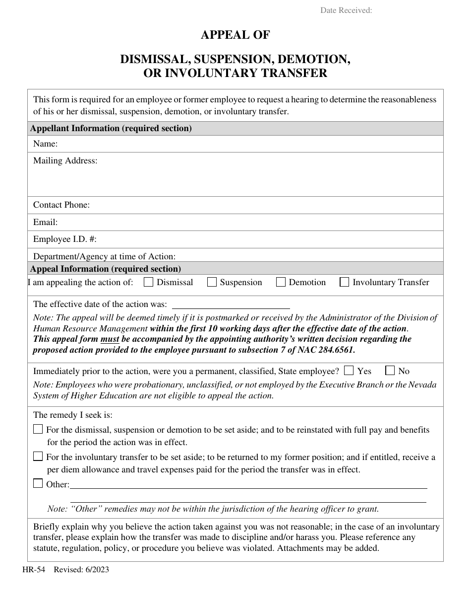 Form HR54 Download Printable PDF or Fill Online Appeal of Dismissal