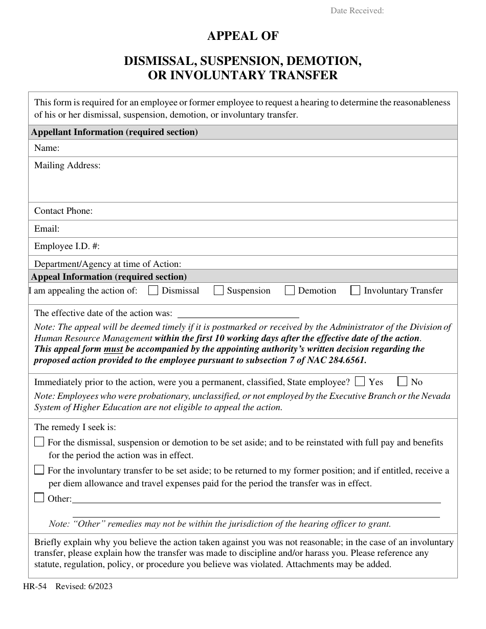 Form HR-54 Appeal of Dismissal, Suspension, Demotion, or Involuntary Transfer - Nevada, Page 1