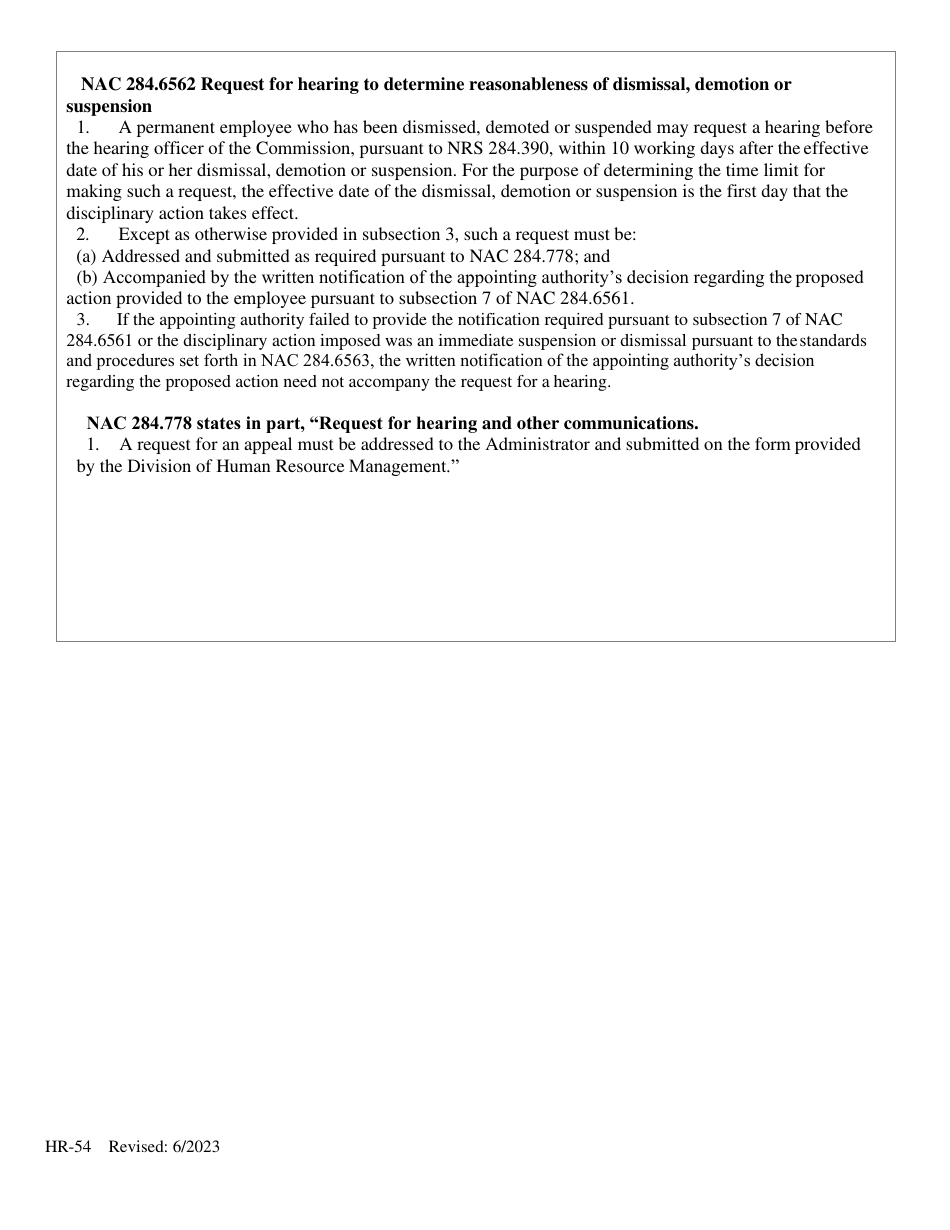 Form HR-54 Appeal of Dismissal, Suspension, Demotion, or Involuntary Transfer - Nevada, Page 4