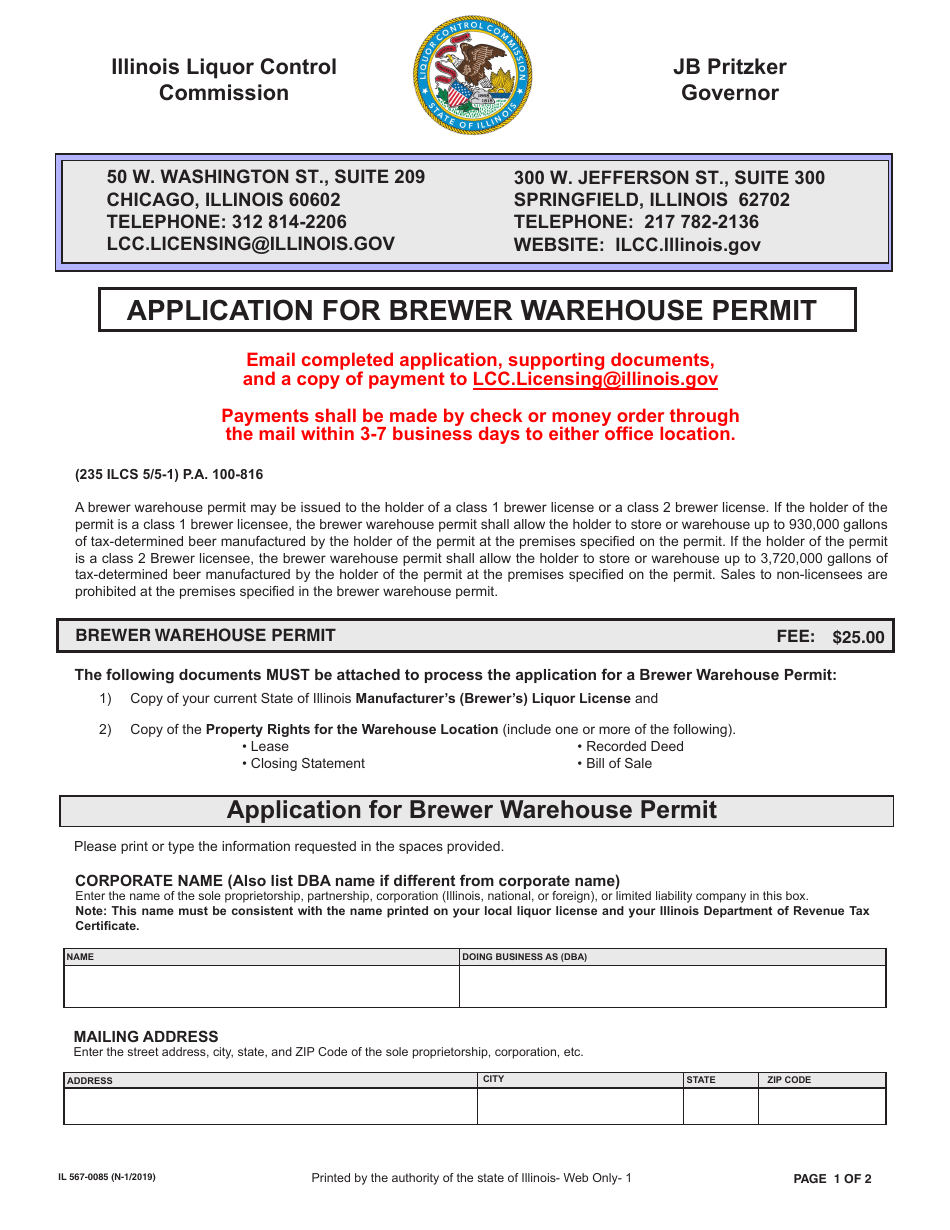 Form IL567-0085 Application for Brewer Warehouse Permit - Illinois, Page 1