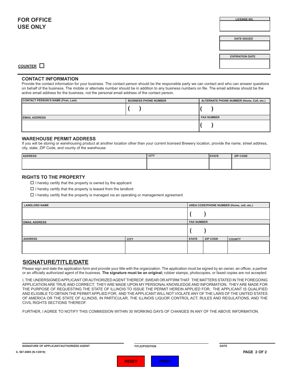 Form IL567-0085 Application for Brewer Warehouse Permit - Illinois, Page 2