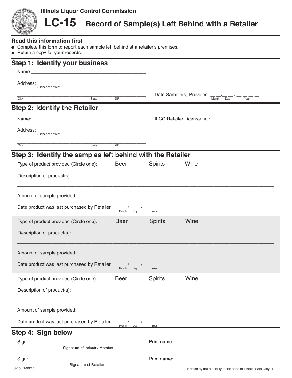 Form LC-15 Record of Sample(S) Left Behind With a Retailer - Illinois, Page 1