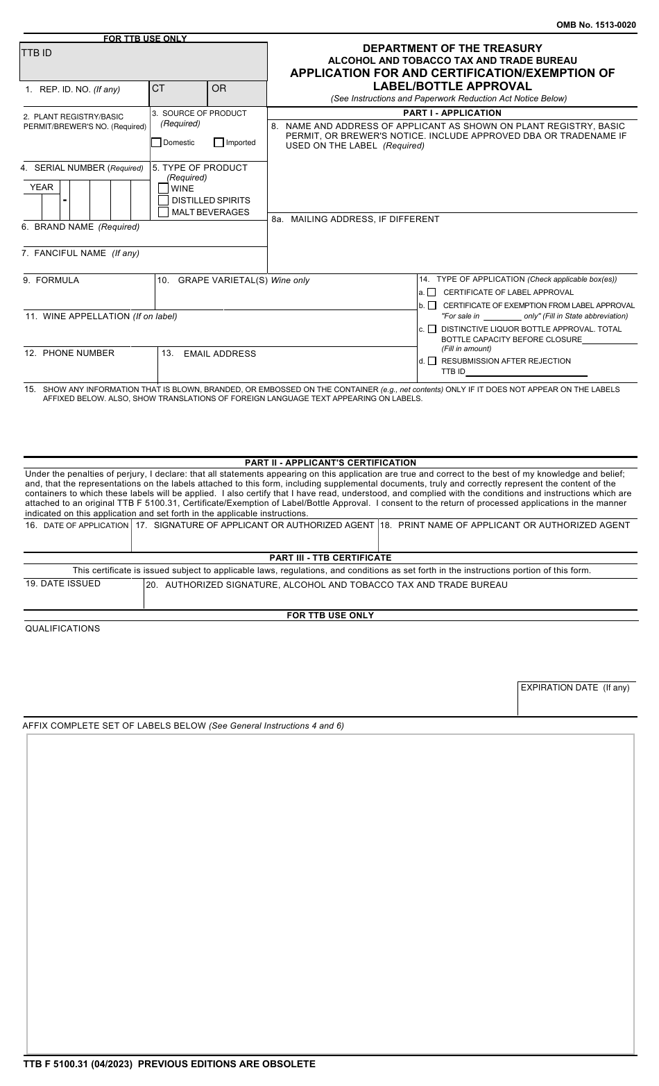 TTB Form 5100.31 Application for and Certification / Exemption of Label / Bottle Approval, Page 1