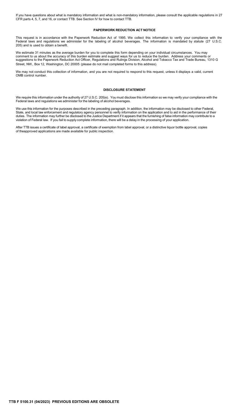 TTB Form 5100.31 Application for and Certification / Exemption of Label / Bottle Approval, Page 5