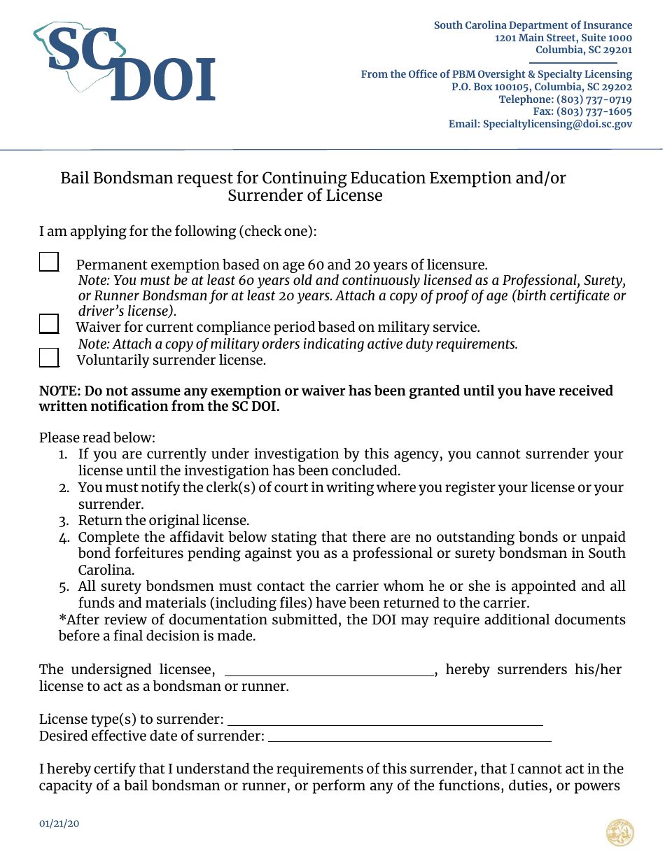 Bail Bondsman Request for Continuing Education Exemption and / or Surrender of License - South Carolina, Page 1