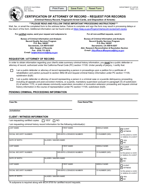 Form BCIA8700 Certification of Attorney of Record - Request for Records - California