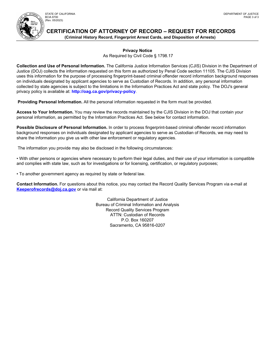 Form BCIA8700 Certification of Attorney of Record - Request for Records - California, Page 3