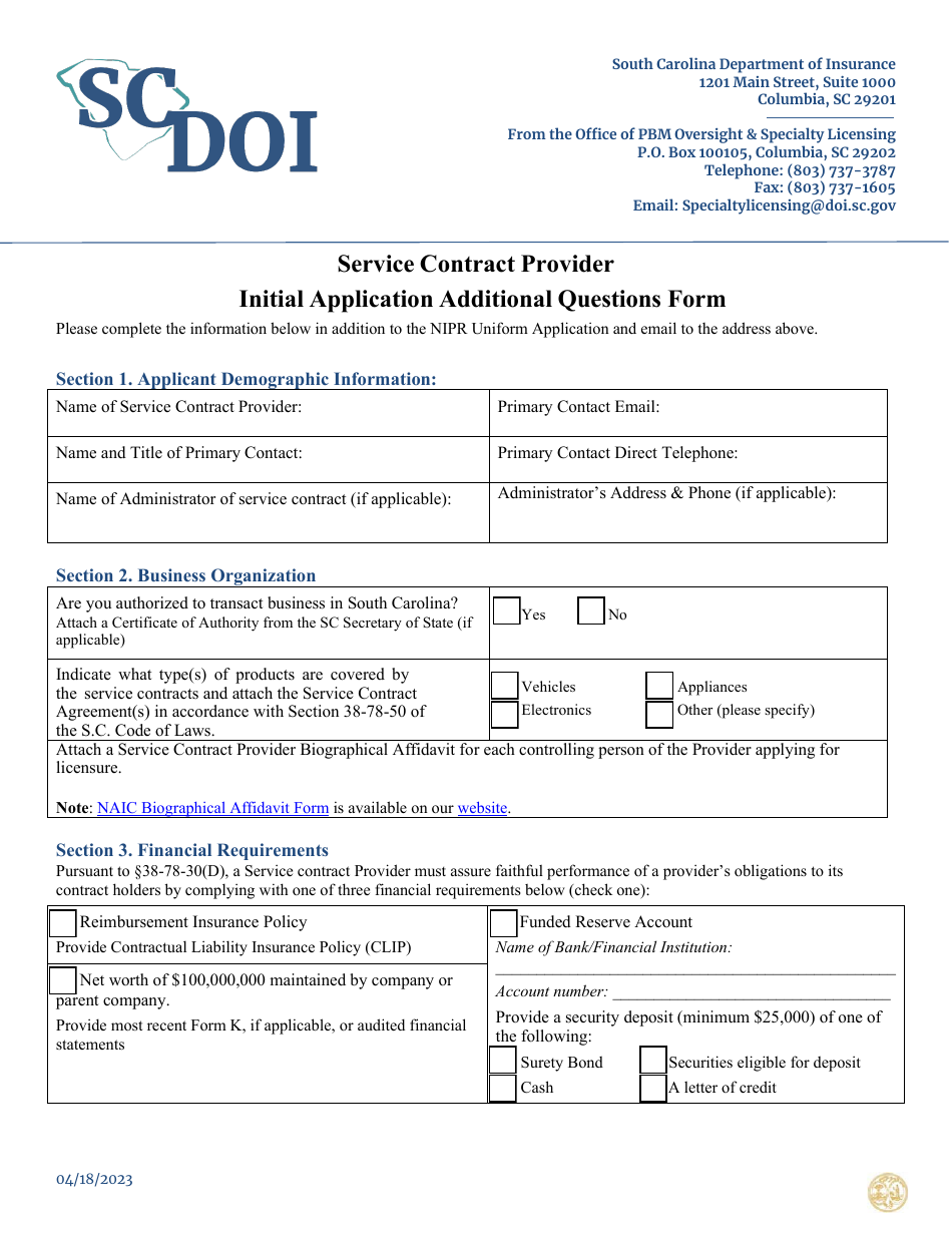 Service Contract Provider Initial Application Additional Questions Form - South Carolina, Page 1